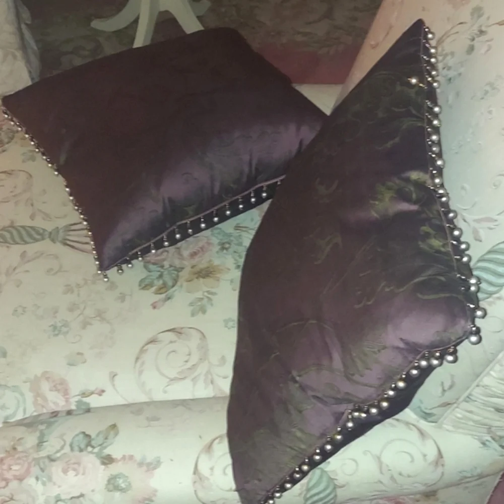 2 Pc Vintage Silk Chocolate Brown Floral Down Pearl Beaded Embellishment Pillows